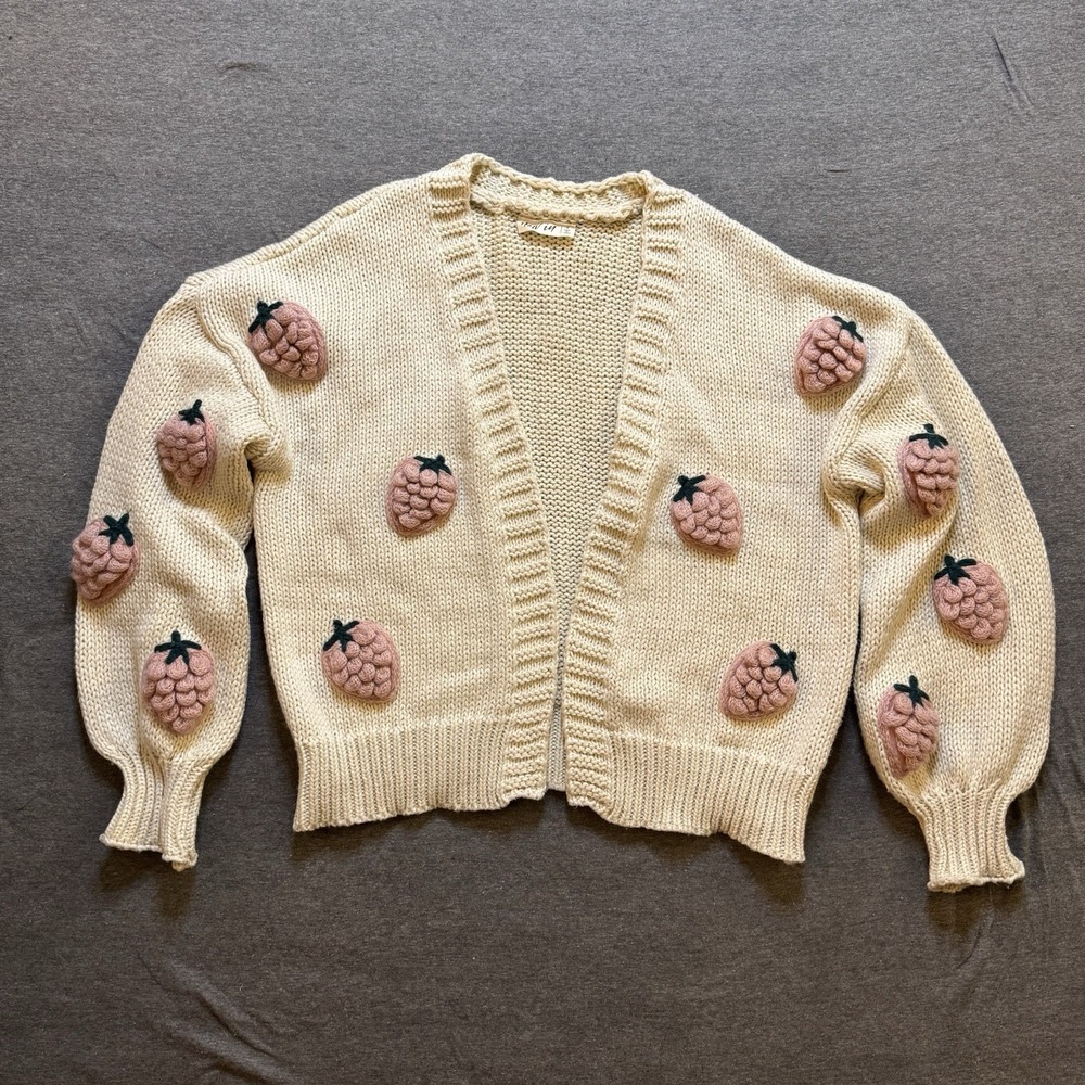 3d Strawberry Cream Knit Balloon Sleeve Cardigan Sweater Cottagecore Boho Size S